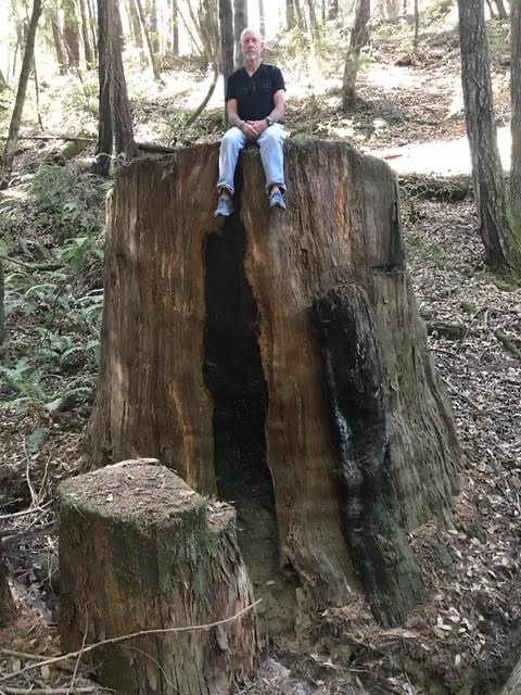 Chris Poehlmann sitting on a large stump