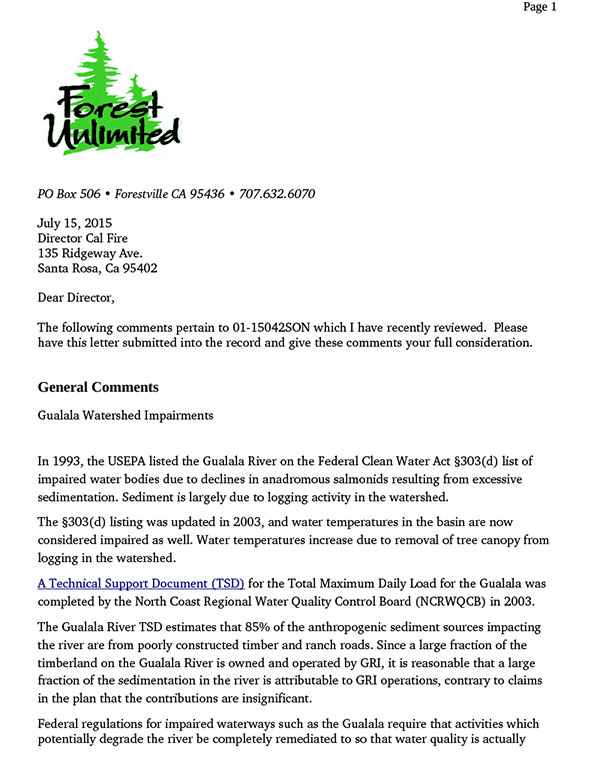 Forest Unlimited letter on Dogwood THP
