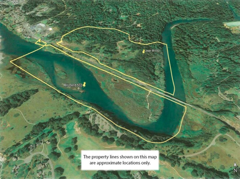 The yellow lines in this photo show the approximate boundaries of the Mill Bend (lower left) and Lower Mill Bend properties. Photo courtesy the Mill Bend Coalition.