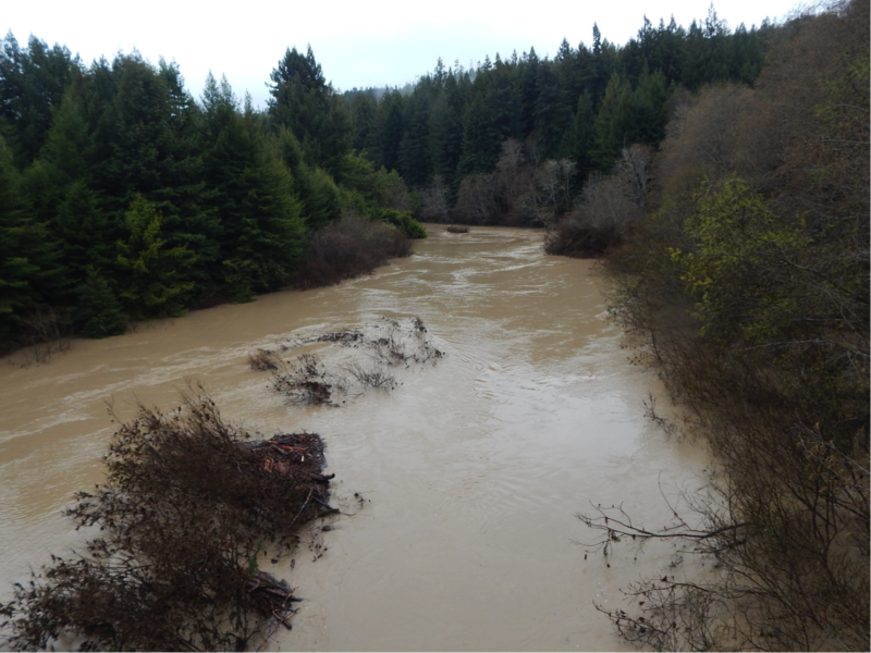 Feb 27, 2019: South Fork Gualala River, Valley Crossing, Annapolis Road, view upstream. The large log and woody debris jam present in mid-February is blown out by the higher flood of Feb. 26-27.